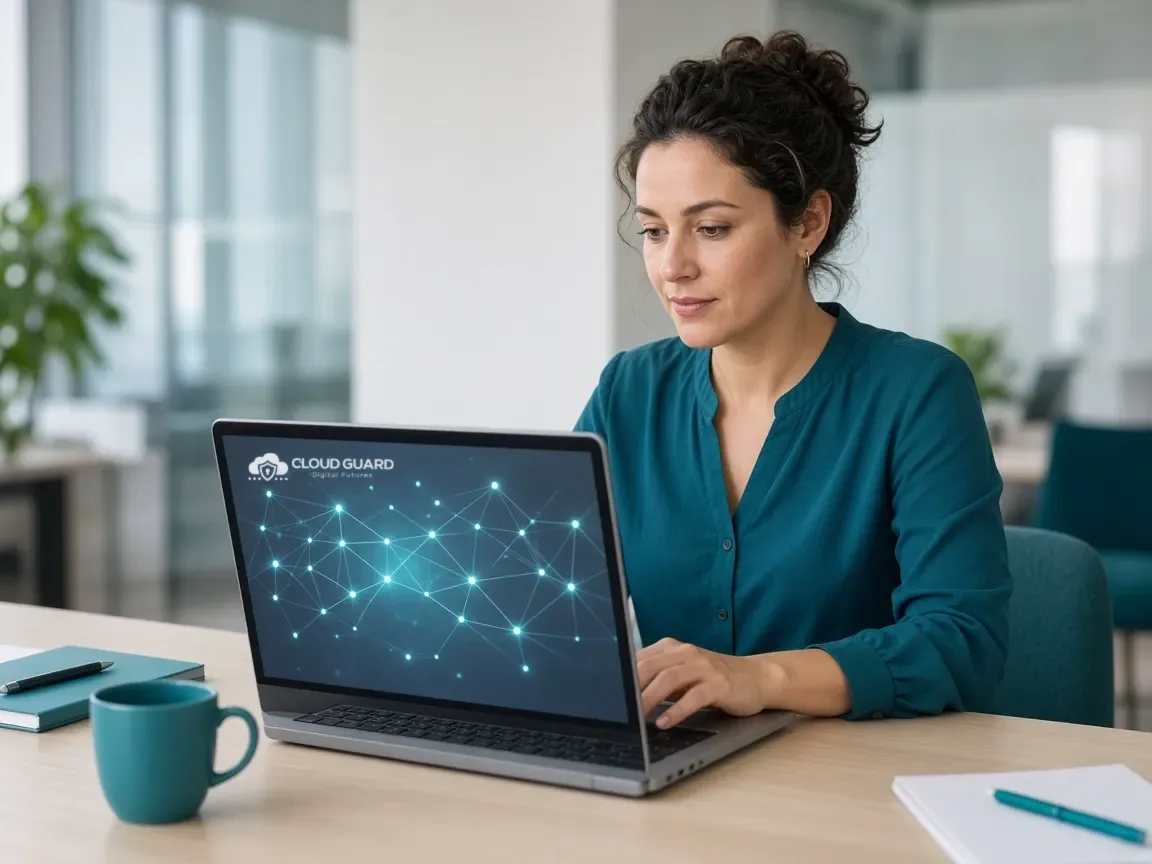 A team member using an AI assistant on a laptop showing the Cloud Guard logo