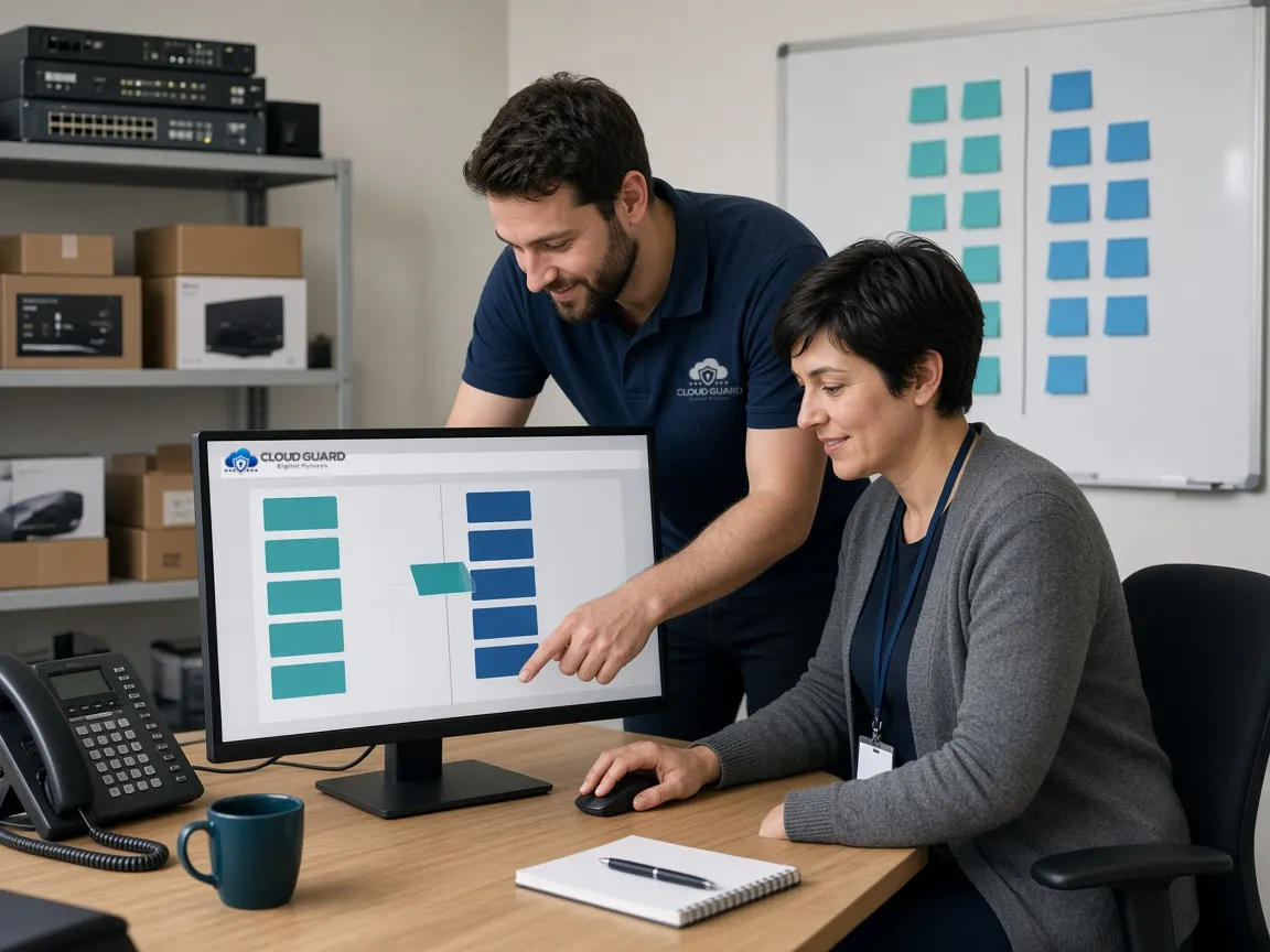 A Cloud Guard engineer in a branded polo and a client's in-house IT manager sharing a ticket board split between their two teams, on a screen showing the Cloud Guard logo