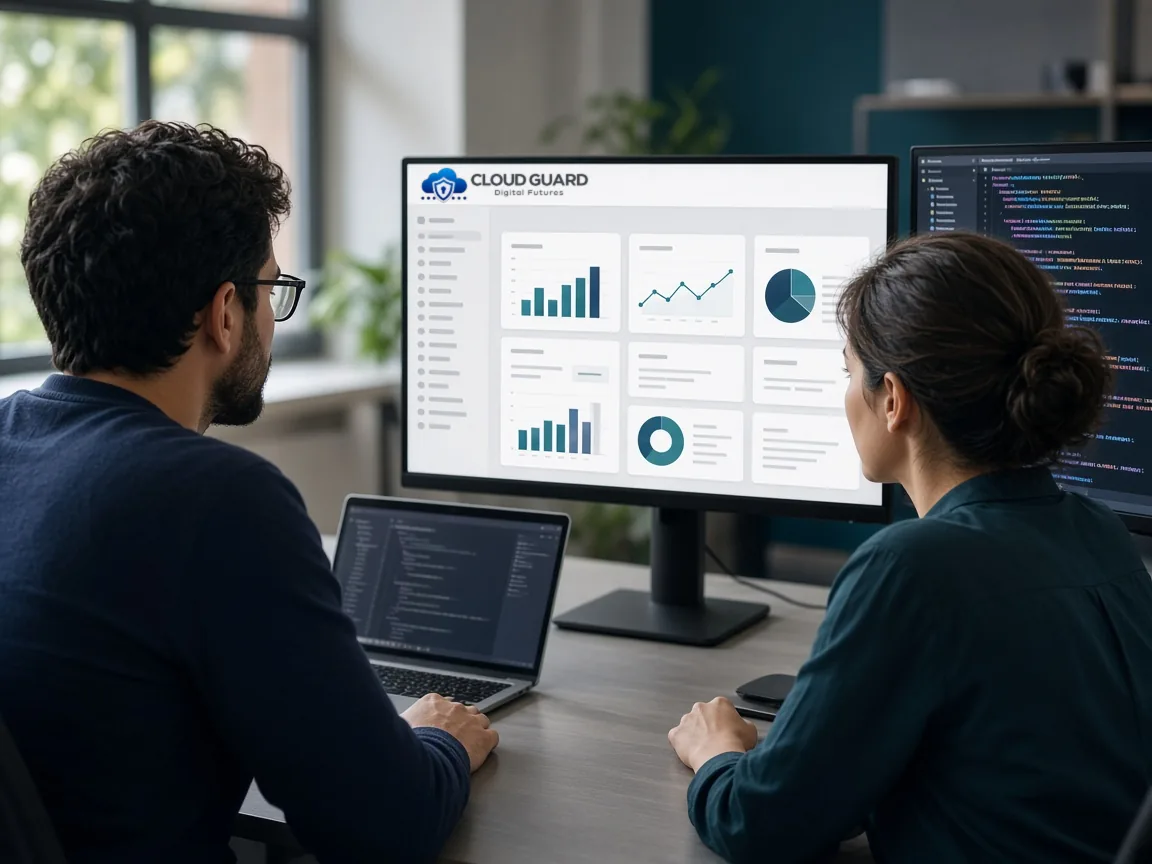 Two developers reviewing a Cloud Guard web app dashboard on a large screen