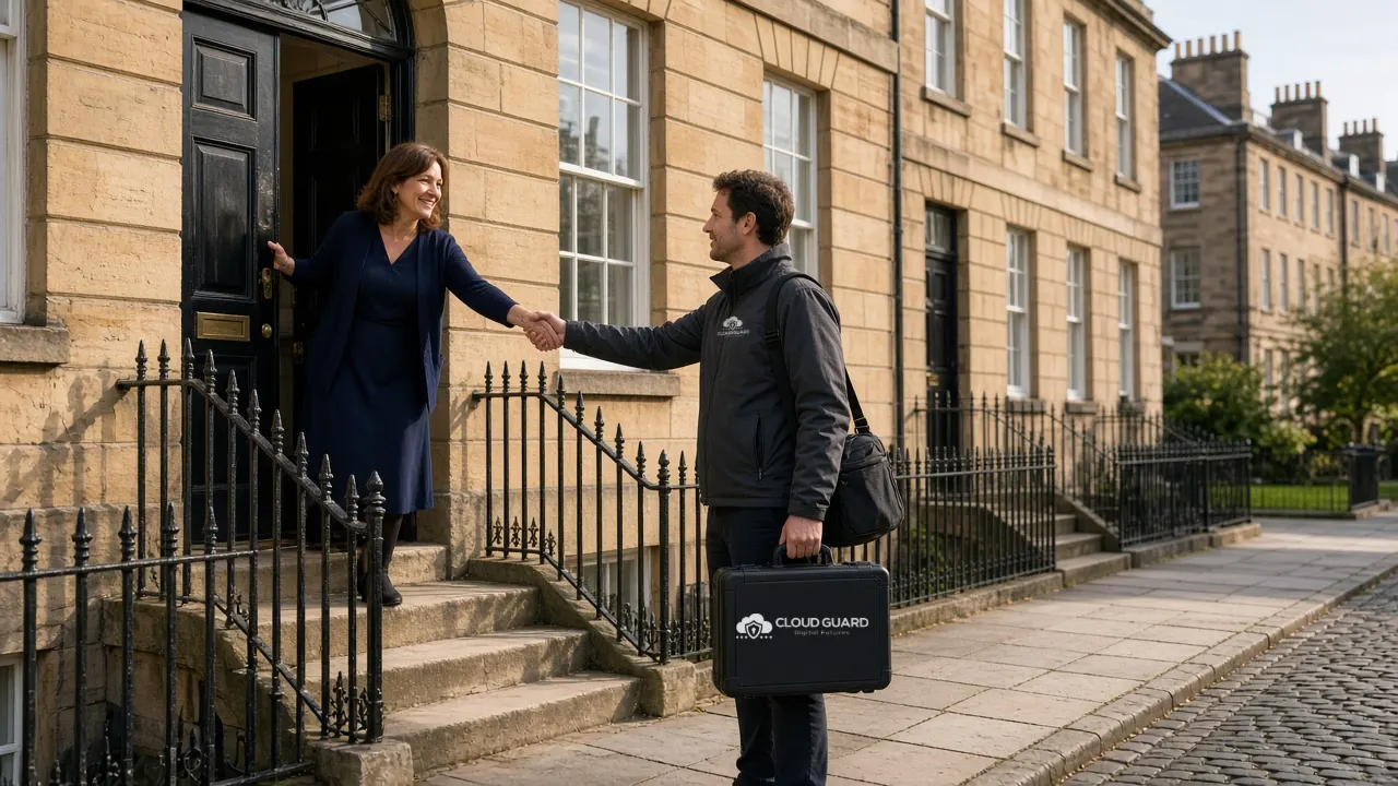 A Cloud Guard engineer carrying an equipment case with the Cloud Guard logo, greeted by an office manager on the steps of a Georgian sandstone office in Edinburgh's New Town, with black railings and a cobbled street