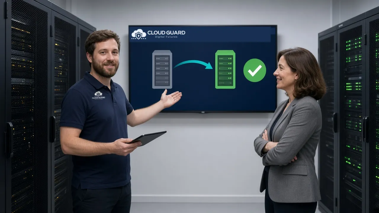 A Cloud Guard engineer in a branded polo running a scheduled failover test with a client's operations manager, between two server racks, as a screen showing the Cloud Guard logo confirms systems moved safely to the standby rack