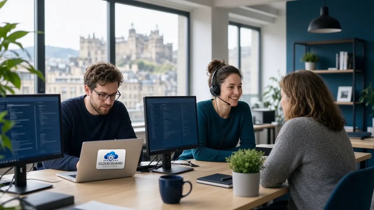 Cloud Guard engineers helping a customer from a bright office, with a Cloud Guard sticker on a laptop