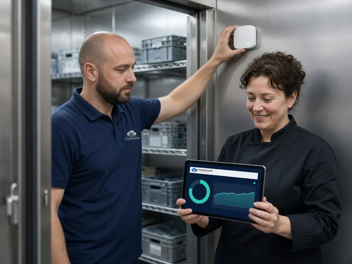 A Cloud Guard engineer in a branded polo fitting a wireless temperature sensor inside a restaurant walk in chiller, while the kitchen manager watches the live reading on a Cloud Guard tablet app