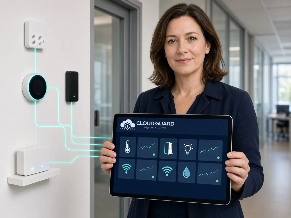 A facilities manager holding a Cloud Guard smart building dashboard that monitors connected sensors, a thermostat, and a door reader