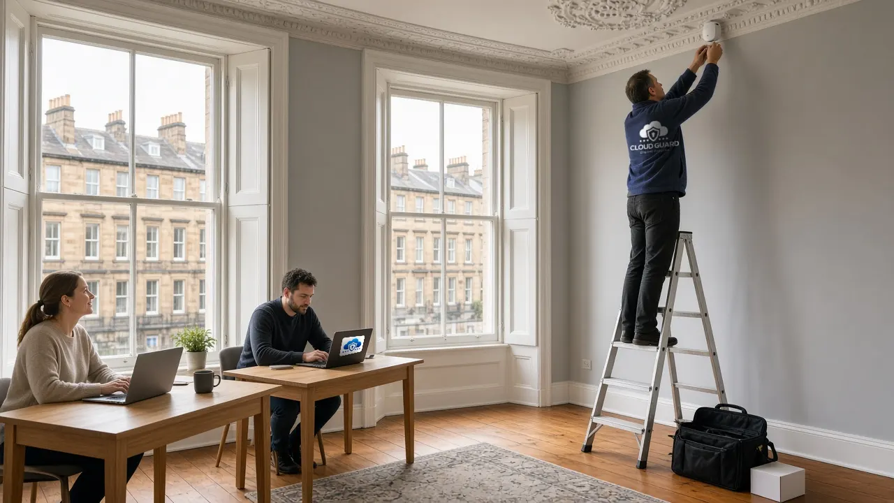 A Cloud Guard engineer in a branded fleece on a step ladder fitting a new wireless access point to the ceiling of a Georgian office in Edinburgh, while staff carry on working at their desks, one laptop carrying a Cloud Guard sticker