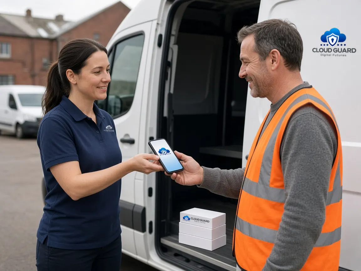A Cloud Guard engineer in a branded polo handing a newly set up company phone showing the Cloud Guard logo to a field worker in a high visibility vest, beside a Cloud Guard van with boxed phones ready for the rest of the team