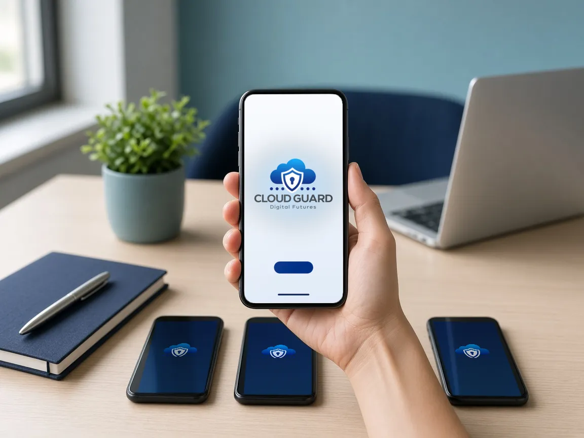 Business mobile phones set up by Cloud Guard, showing the Cloud Guard logo