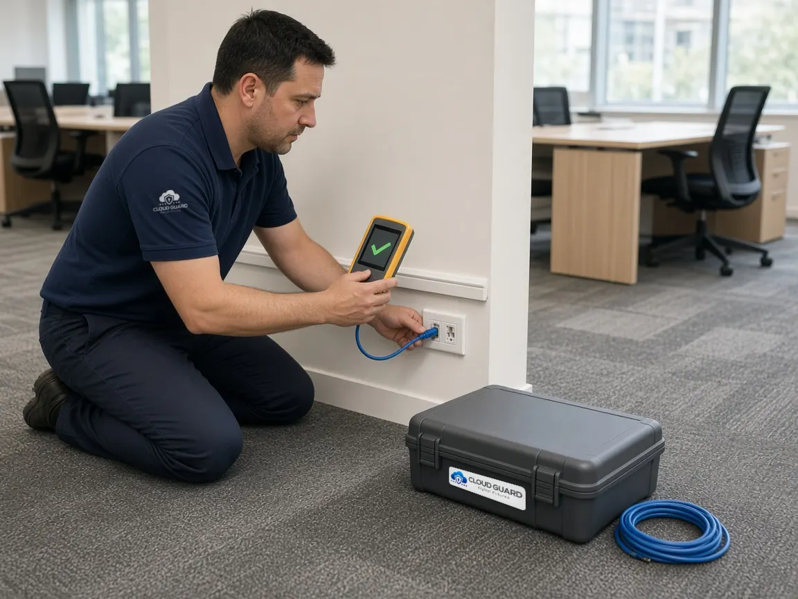 A Cloud Guard engineer in a branded polo kneeling in a newly fitted office, testing a wall data point with a handheld cable tester showing a green tick, beside a tool case with a Cloud Guard sticker