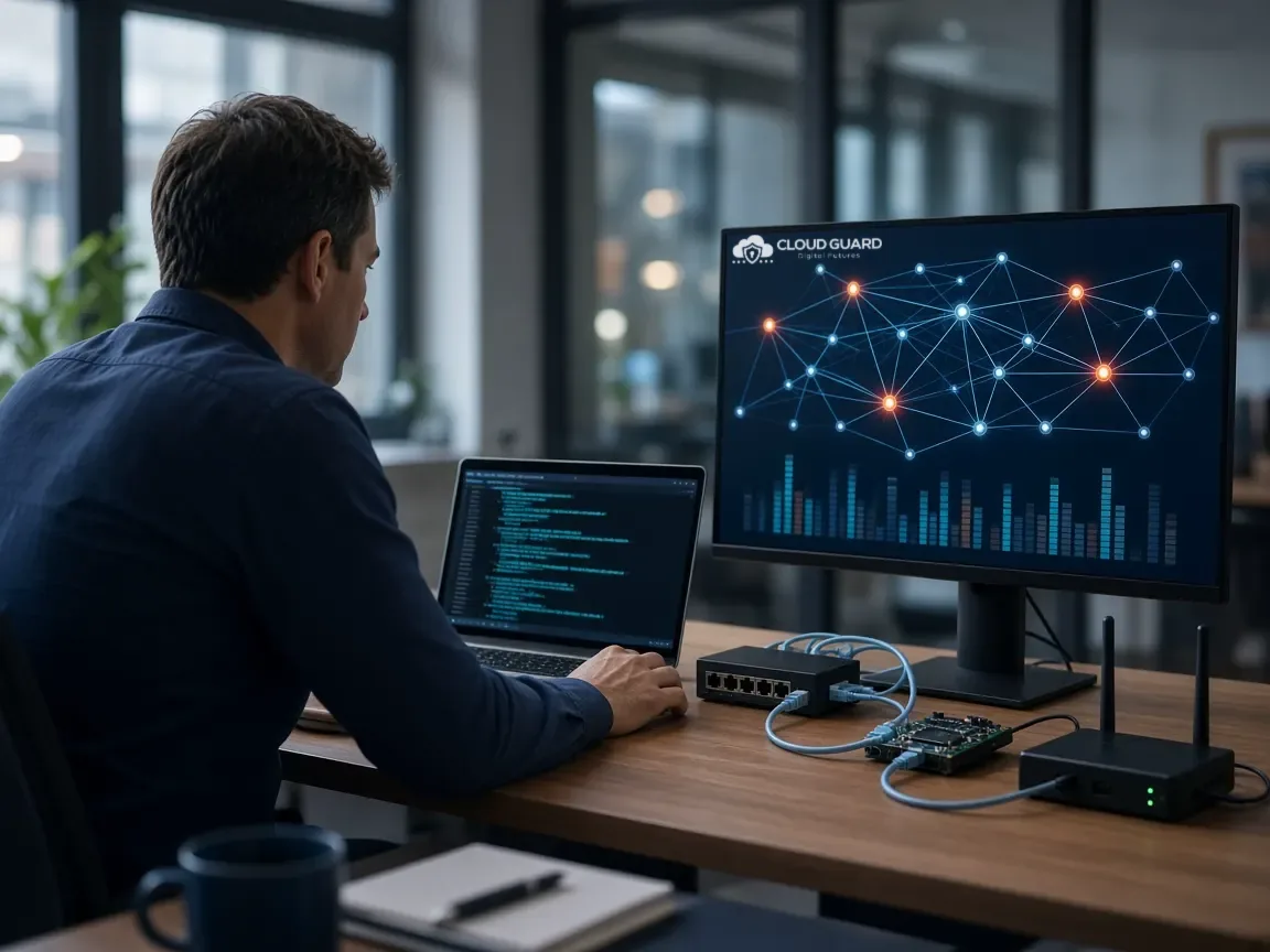 An ethical penetration tester at a laptop, beside a Cloud Guard screen showing a network map with weak points highlighted
