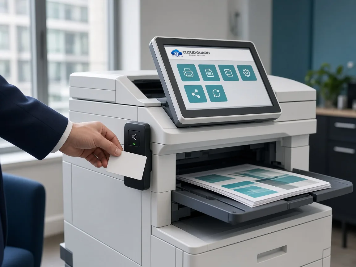 A member of staff tapping a card to release a print job on a multifunction printer showing the Cloud Guard logo