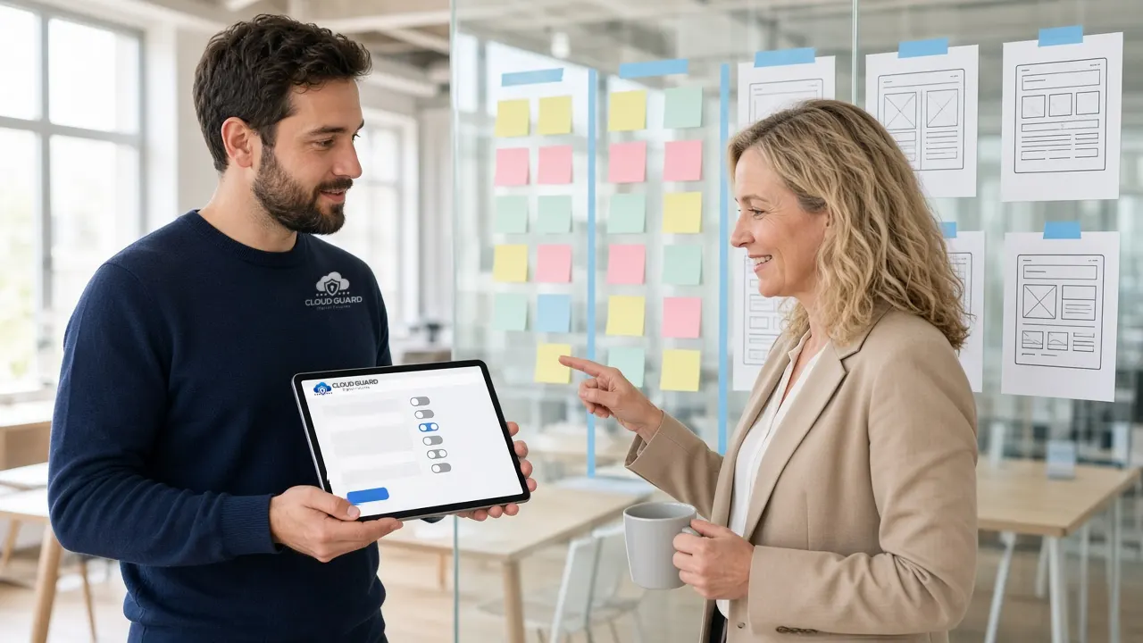 A Cloud Guard developer in a branded jumper showing a client's product owner a working app on a tablet showing the Cloud Guard logo, beside a sprint board of sticky notes and wireframe sketches on a glass wall