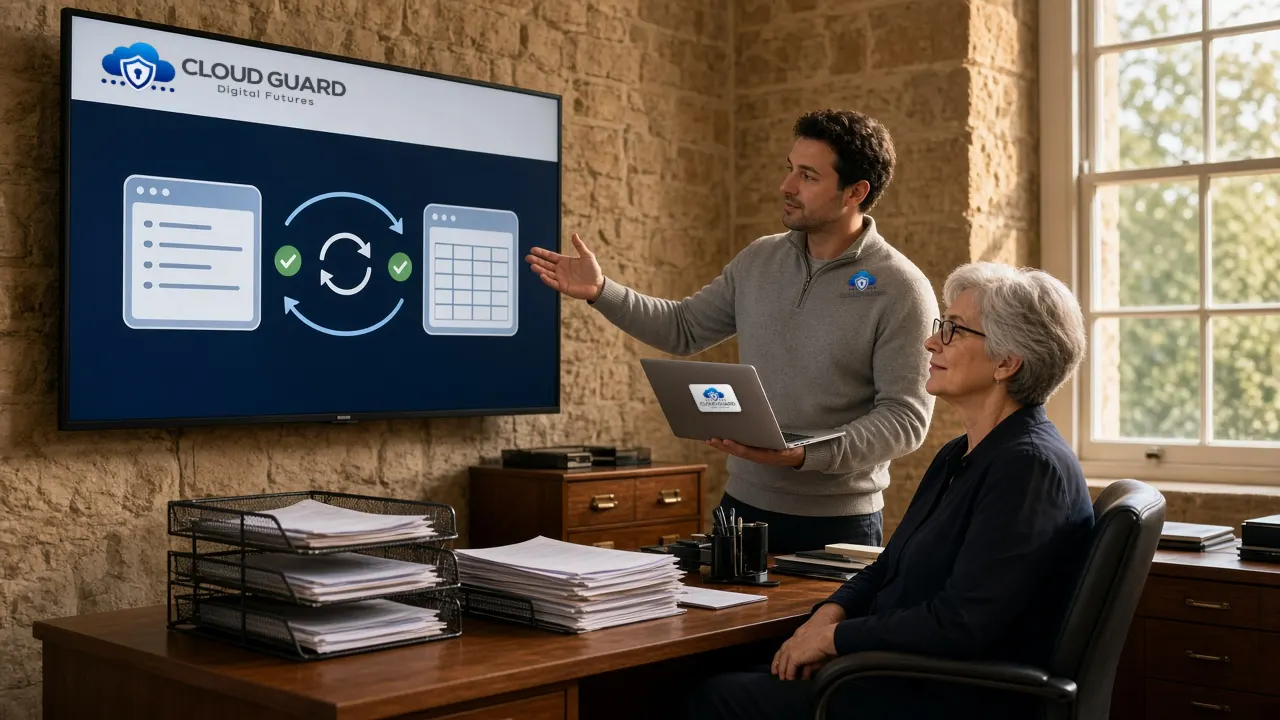 A Cloud Guard engineer in a branded pullover showing a finance manager how her customer system and accounts package now sync, on a wall screen with the Cloud Guard logo and a simple data flow diagram