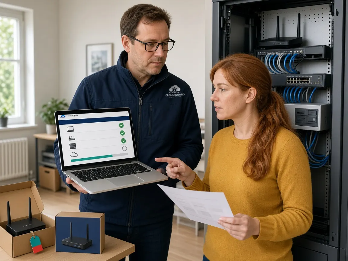 A Cloud Guard engineer in a branded jacket and a client's office manager checking the old network cabinet against an inventory checklist on a laptop, with an old router boxed up beside a new one