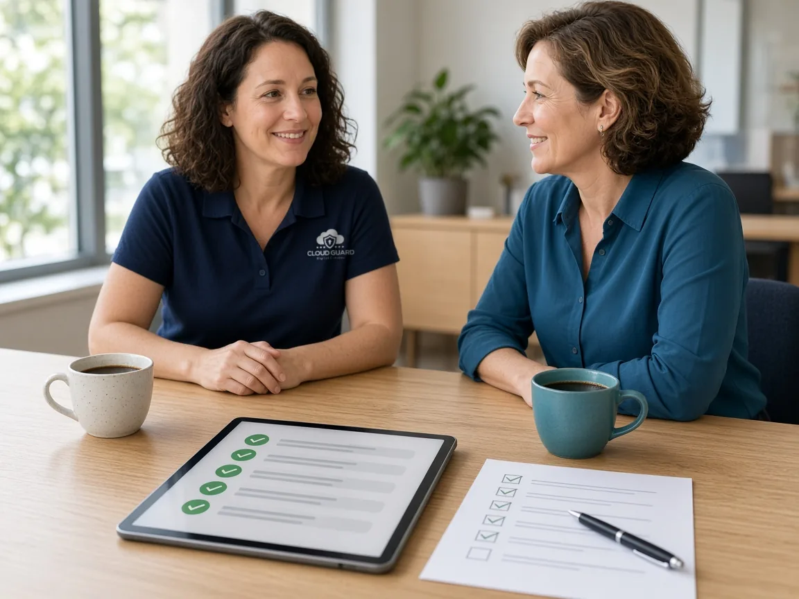 A Cloud Guard consultant going through an onboarding checklist with a business owner