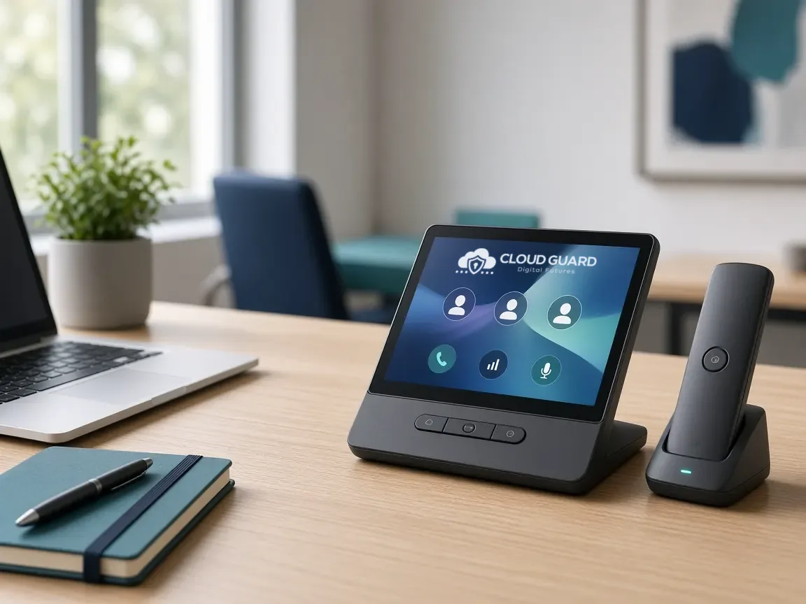 A modern business desk phone with a touchscreen showing the Cloud Guard logo